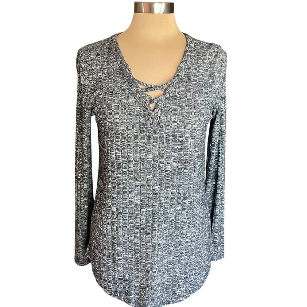 Rock & Republic Charcoal Knit Top Grommets Laced Neckline MED Edgy Punk Grunge
